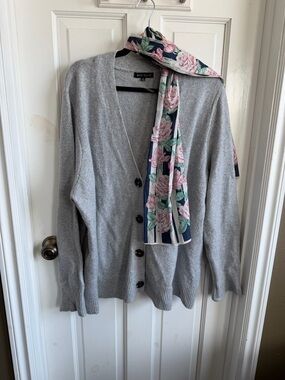 Light Gray V-Neck Button Sweater with scarf.
